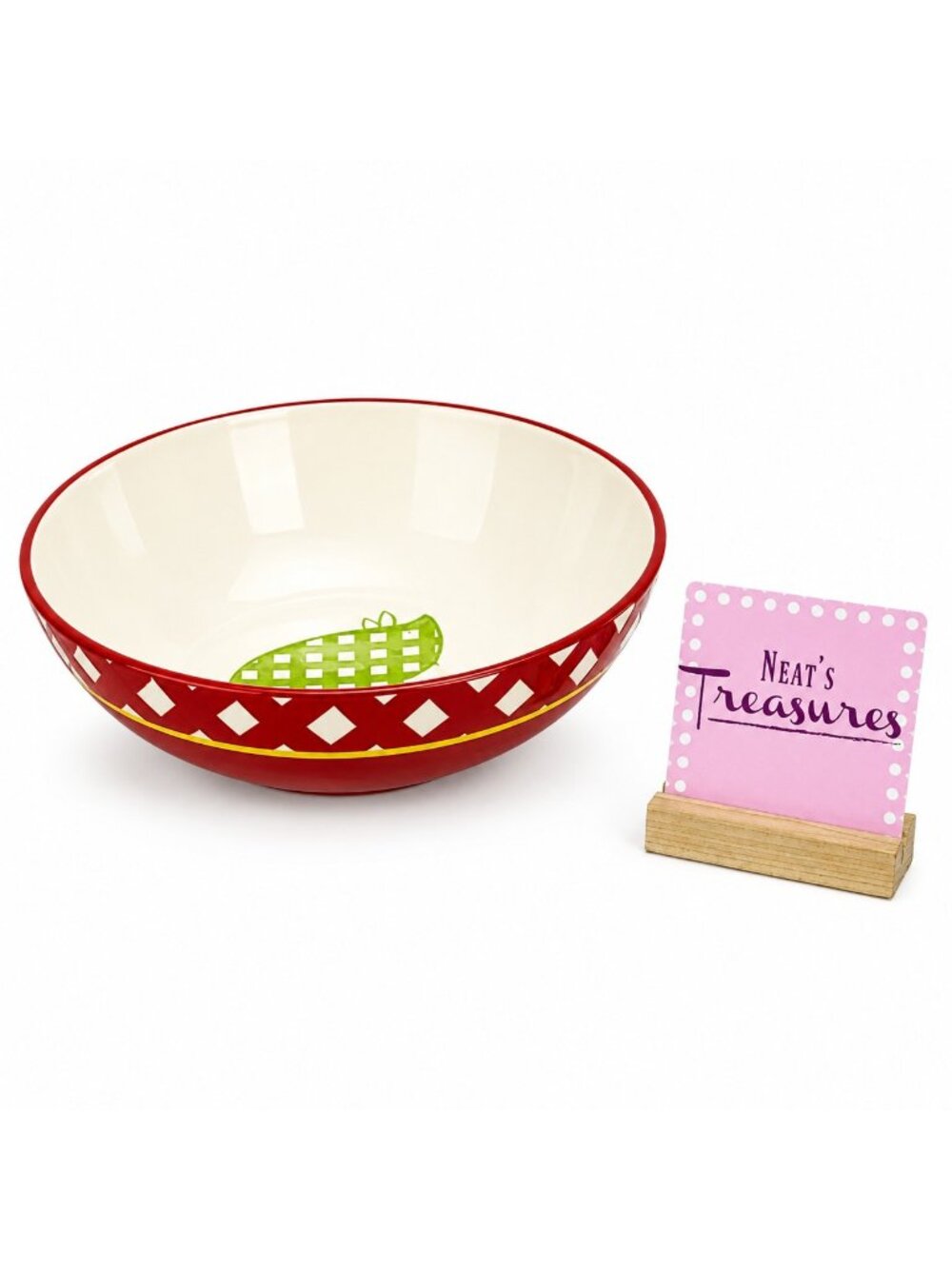Clay Art GINGHAM BBQ  Hand Painted Stoneware Summer Fun Red Check Serving Bowl